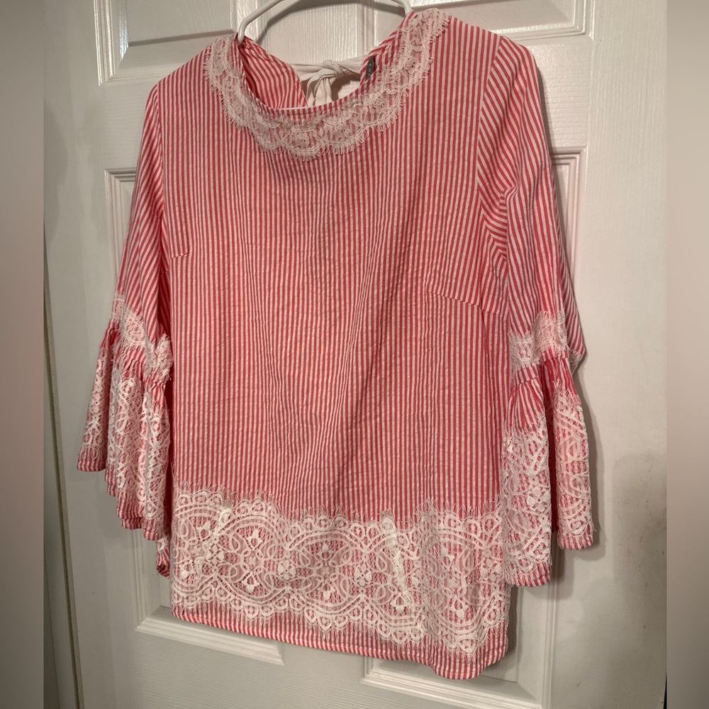 VALERIE STEVENS XL Blouse Tunic Cotton Striped Bell Sleeve W/ Lace ￼Women's Top